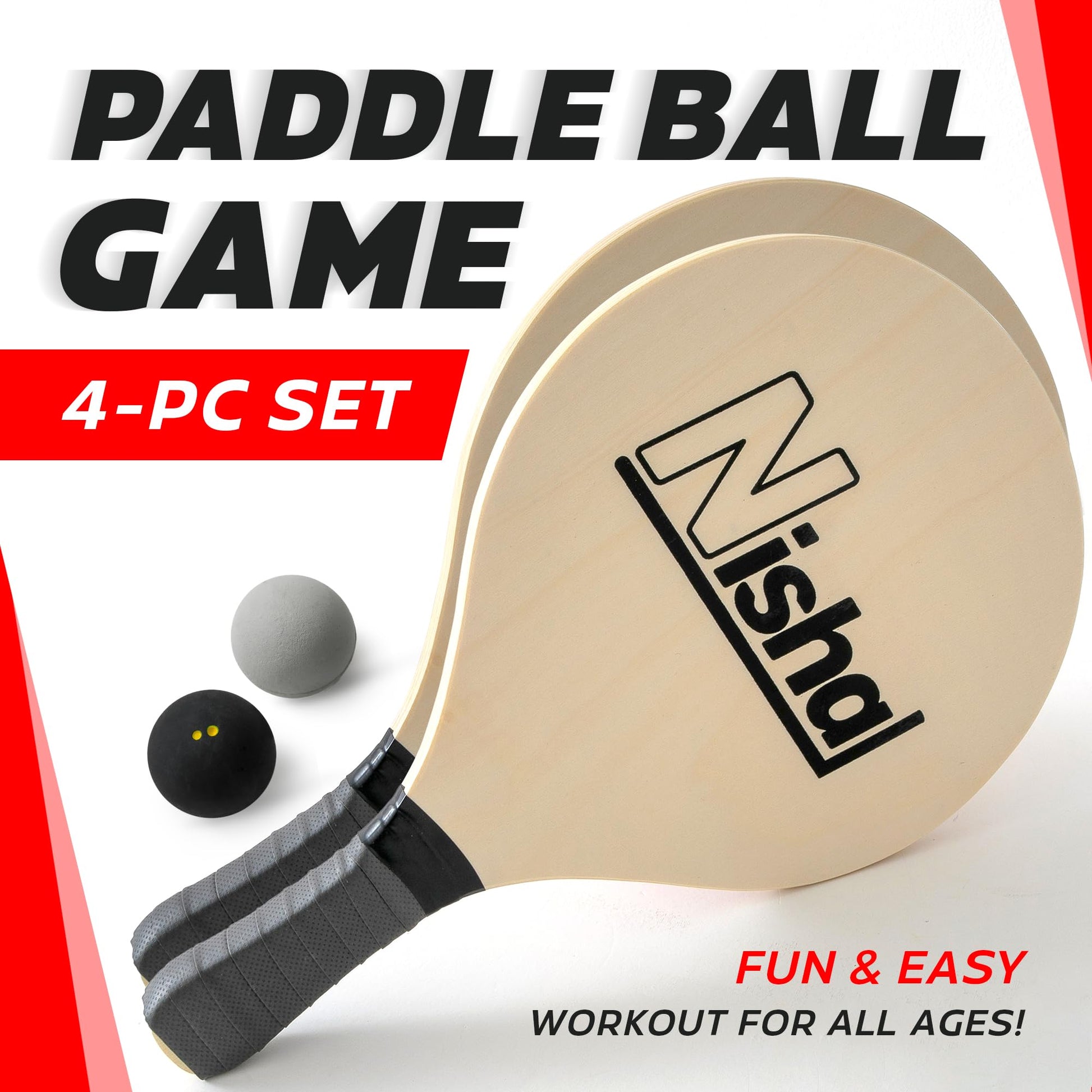 Nisha - Paddle Ball Set, Complete Set with 2 Pro Balls, 2 Rackets and Paddle Grips, Interactive Indoor, Outdoor and Beach Game, Comes in a Durable