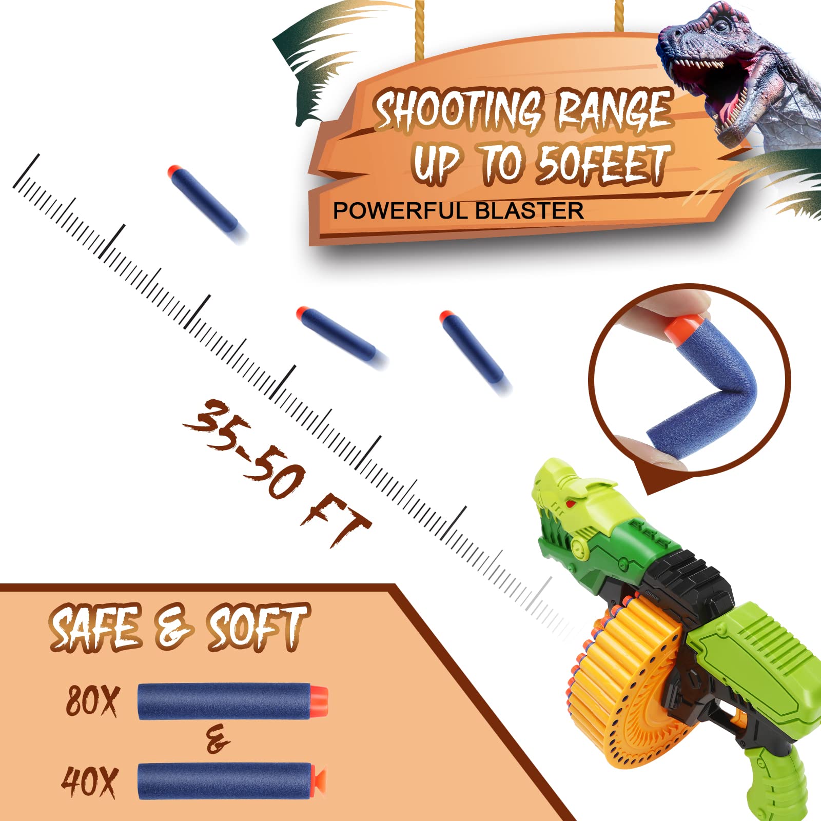 Toy Gun Toy Foam Blasters with 120 Foam Bullets, 40-Dart Rotating Drum, Foam Dart Gun Shooting Game for Indoor Outdoor Activity, Dinosaur Toys