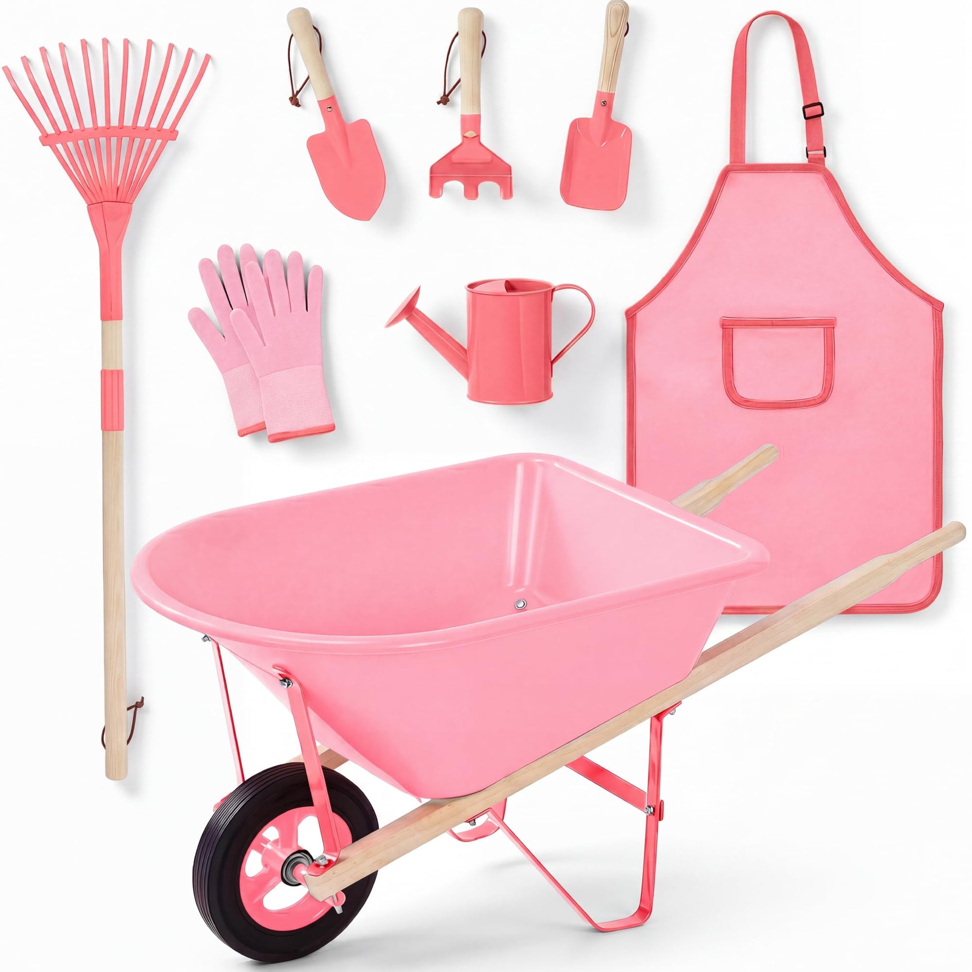 Best Choice Products Kids Wheelbarrow and Gardening Tool Set 8 Piece with Metal Tools, Watering Can, Apron and Gloves, Child Garden Play Set
