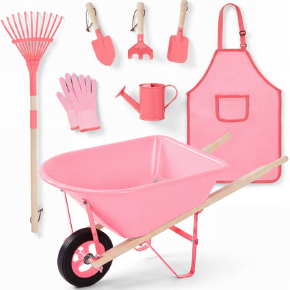 Best Choice Products Kids Wheelbarrow and Gardening Tool Set 8 Piece with Metal Tools, Watering Can, Apron and Gloves, Child Garden Play Set