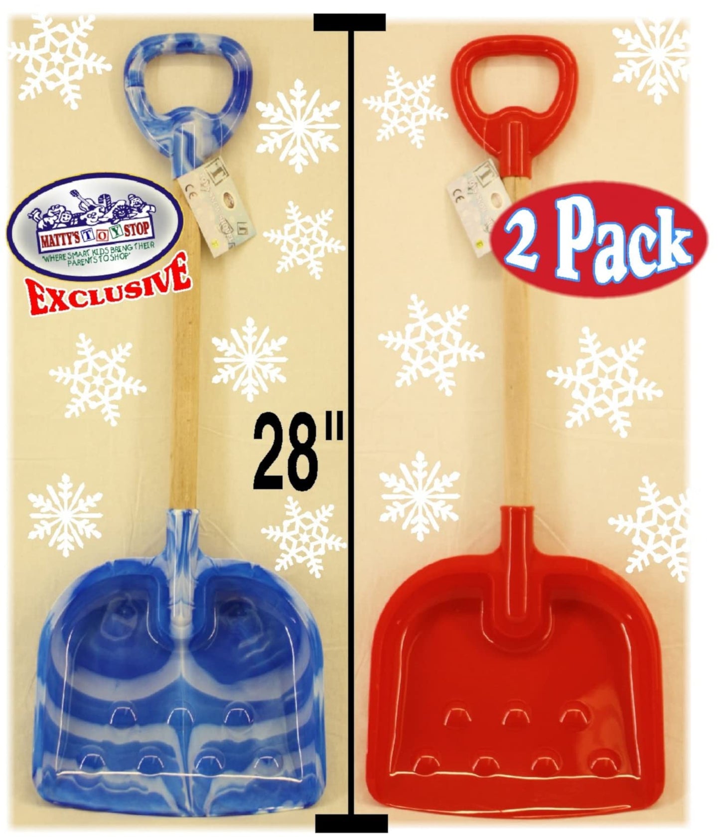 Matty's Toy Stop 28" Heavy Duty Wooden Snow Shovels with Plastic Scoop & Handle for Kids - 2 Pack (Red & Blue Swirl)