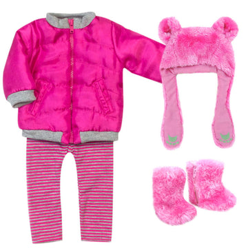 Sophia's 18" Doll 4 pc. Winter Outfit with Hot Pink Nylon Zipped Jacket, Bear Faux Fur Hat and Boots, and Hot Pink and Gray Striped Leggings
