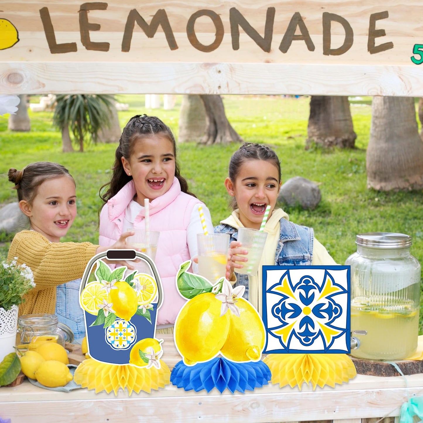 12 Pcs Capri Lemon Blue Yellow Tiles Honeycomb Centerpieces Decorations Mediterranean Amalfi Coast Centerpieces for Lemon Birthday Party Italian