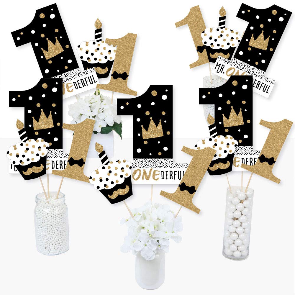 Big Dot of Happiness 1st Birthday Little Mr. Onederful - Boy First Birthday Party Centerpiece Sticks - Table Toppers - Set of 15