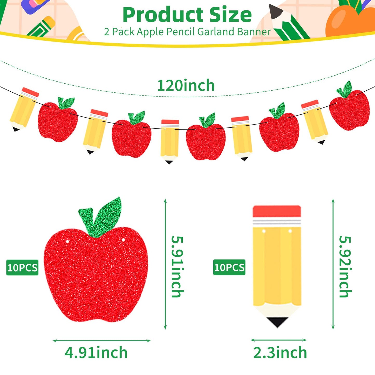 2 Pack Apple Pencil Garland Banner for Back to School Decorations, Pre-Strung Glitter Classroom Kindergarten Hanging Decor for Teacher Appreciation