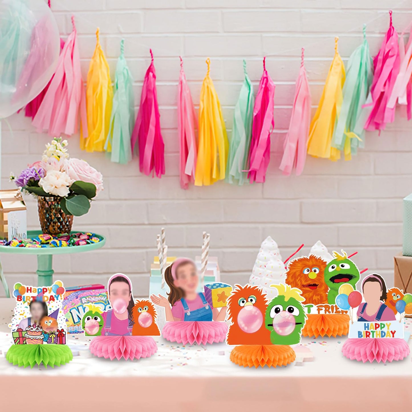 Rachel Girls Party Decorations Honeycomb Centerpiece, 7 Pieces English Teacher Theme 3D Double Side Cake Toppers Table Centerpieces, Photo Backdrop
