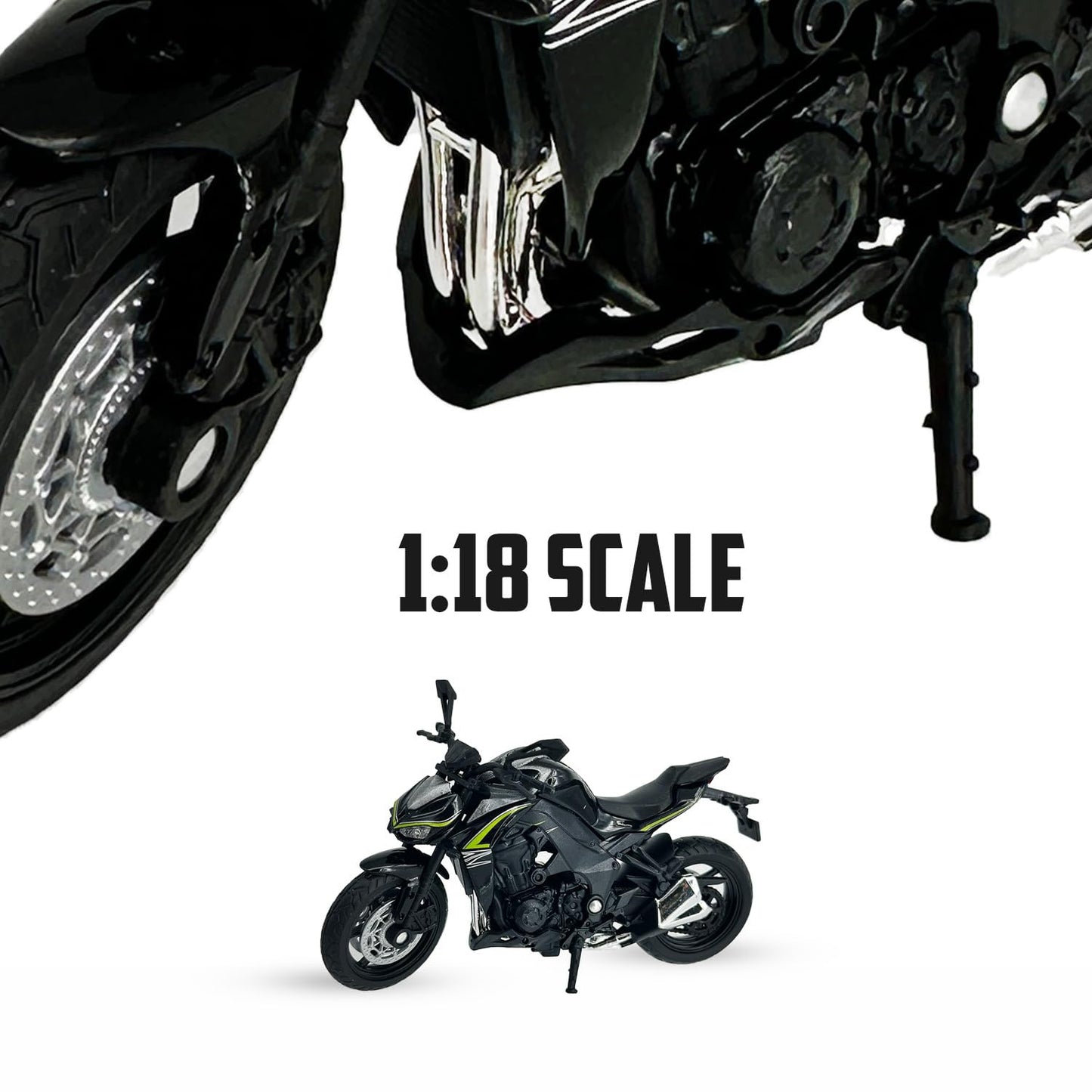Welly Die Cast Motorcycle Black Kawasaki 2017 Z1000R, 1:18 Scale, Collectible Model Dirt Bike