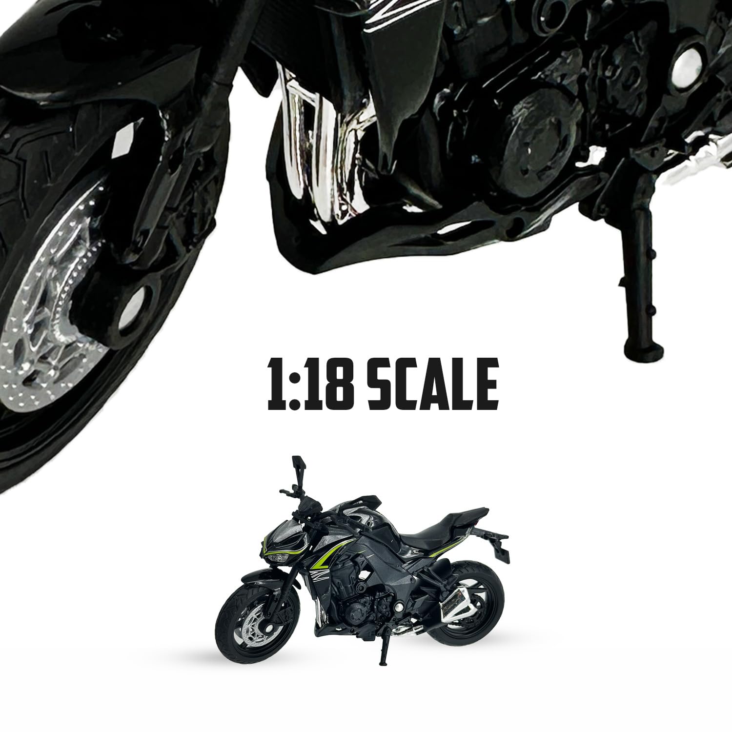 Welly Die Cast Motorcycle Black Kawasaki 2017 Z1000R, 1:18 Scale, Collectible Model Dirt Bike