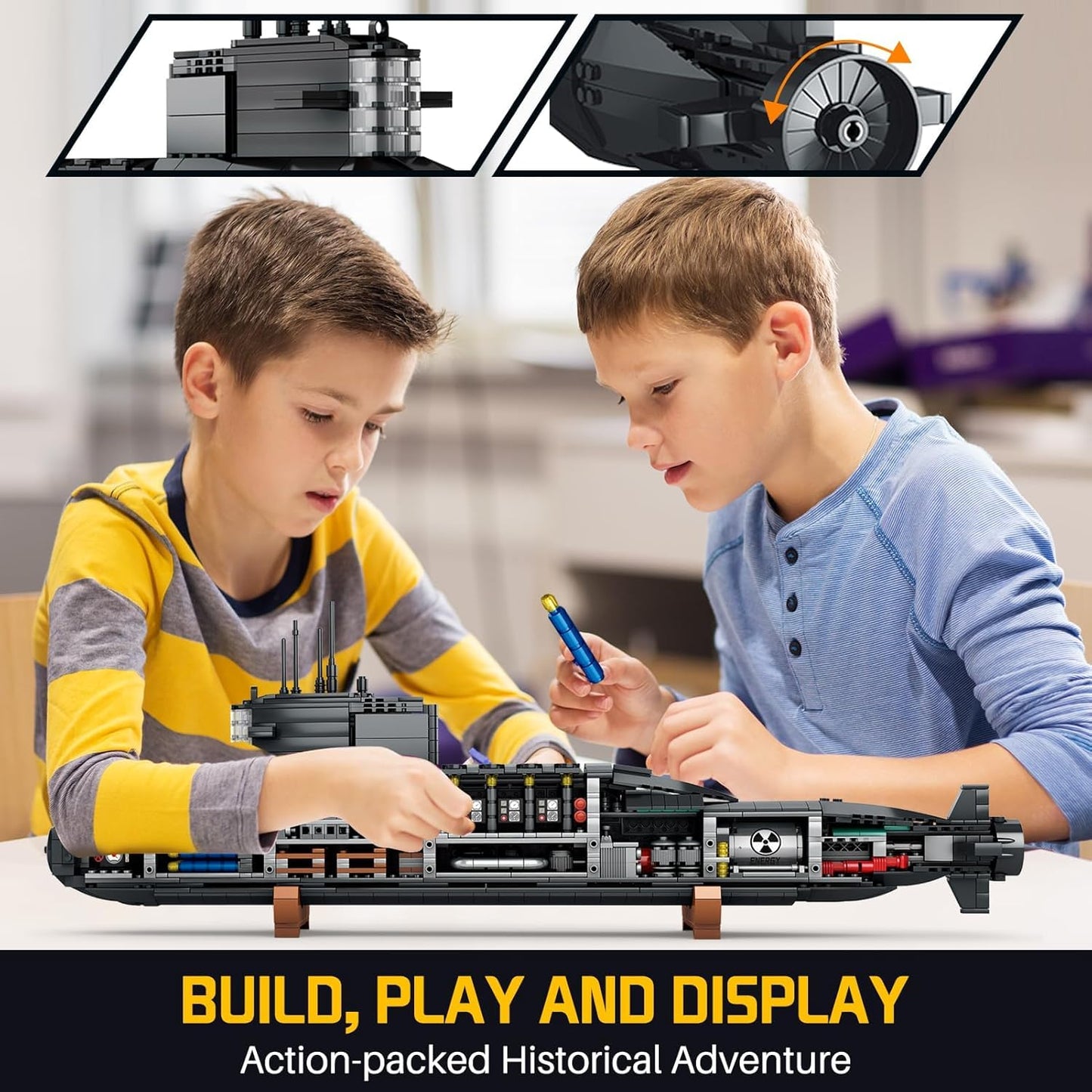 Amoyasite Nuclear Submarine Building Set, 1498 Pcs WWII Military Military Battleship Model with LED Lights, Display Stand, Home Office Decor