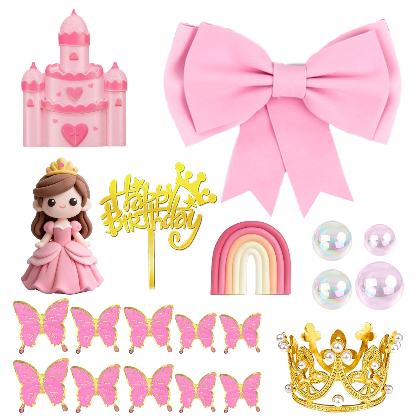 Princess Cake Toppers Castle Cake Decorations with Bows Butterflies Balls Rainbow for Princess Themes Birthday