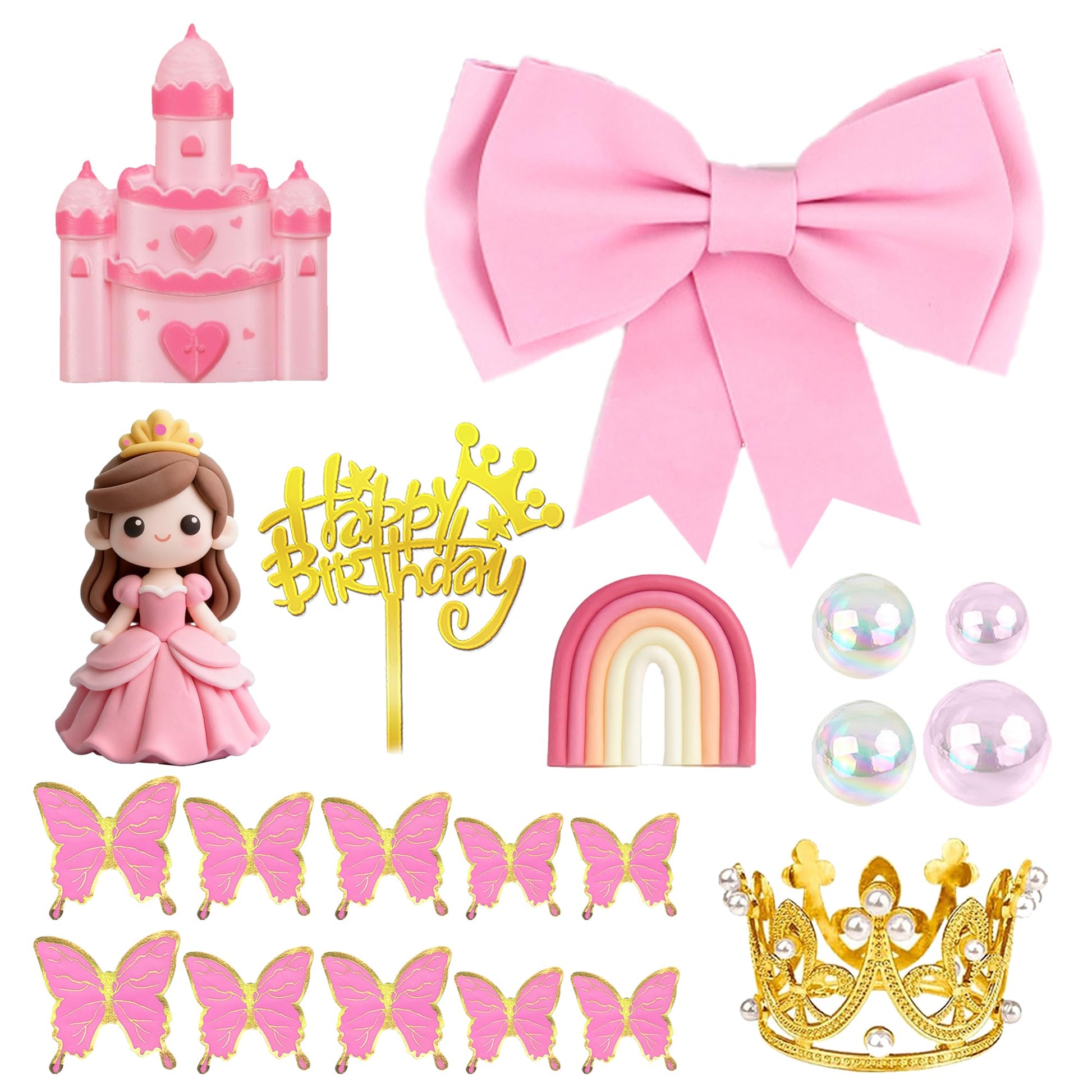 Princess Cake Toppers Castle Cake Decorations with Bows Butterflies Balls Rainbow for Princess Themes Birthday