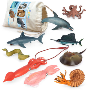 Volnau Sea Creature Toys 9PCS Pacific Ocean Animal Figurines Shark Fish for Toddlers Kids Christmas Decoration Gift Plastic Preschool Pack and Bath