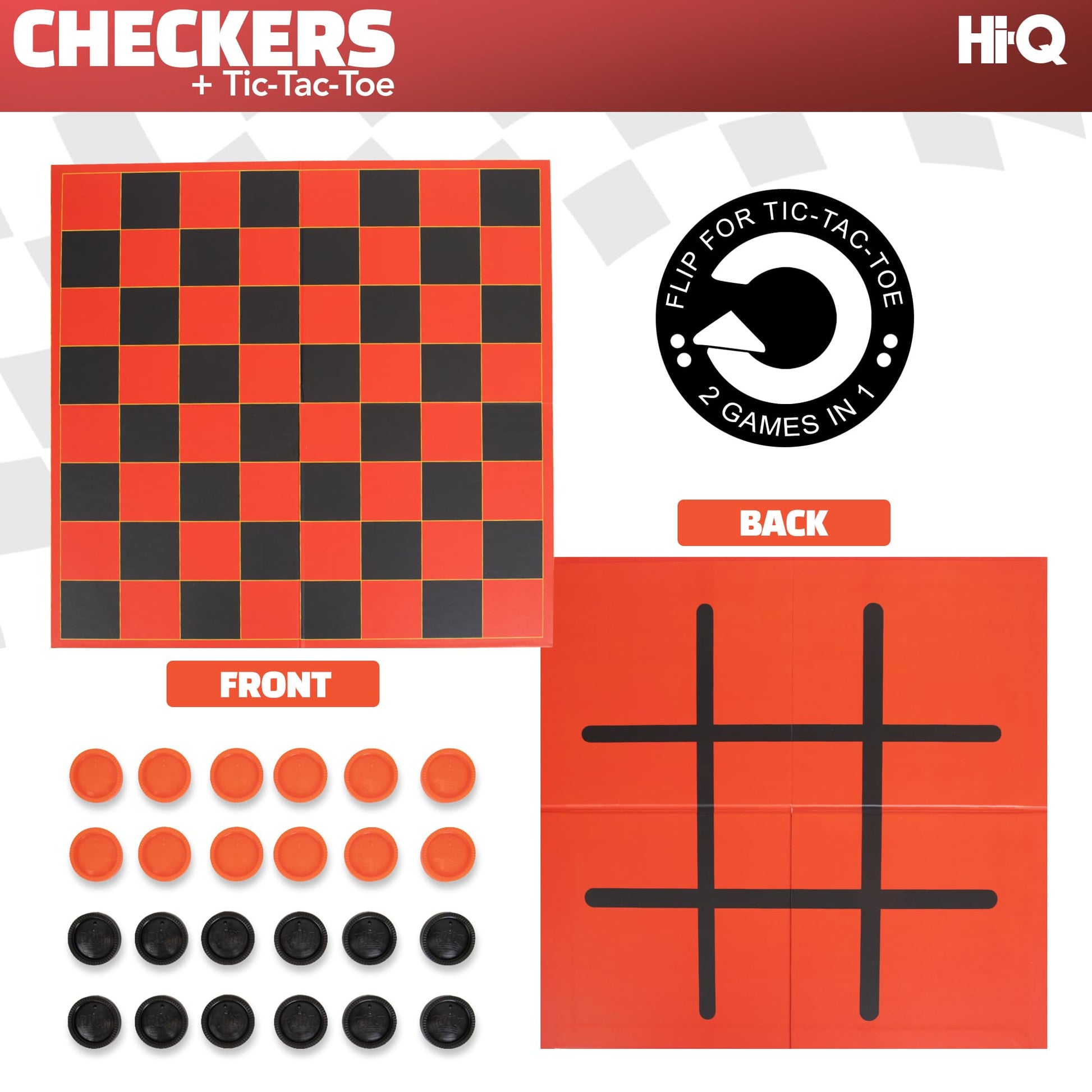 HI-Q Checkers & Tic-Tac-Toe Board Game Set - Classic Strategy for Kids & Family - Features Interlocking Stacking Pieces & Folding Board - Ages 6+