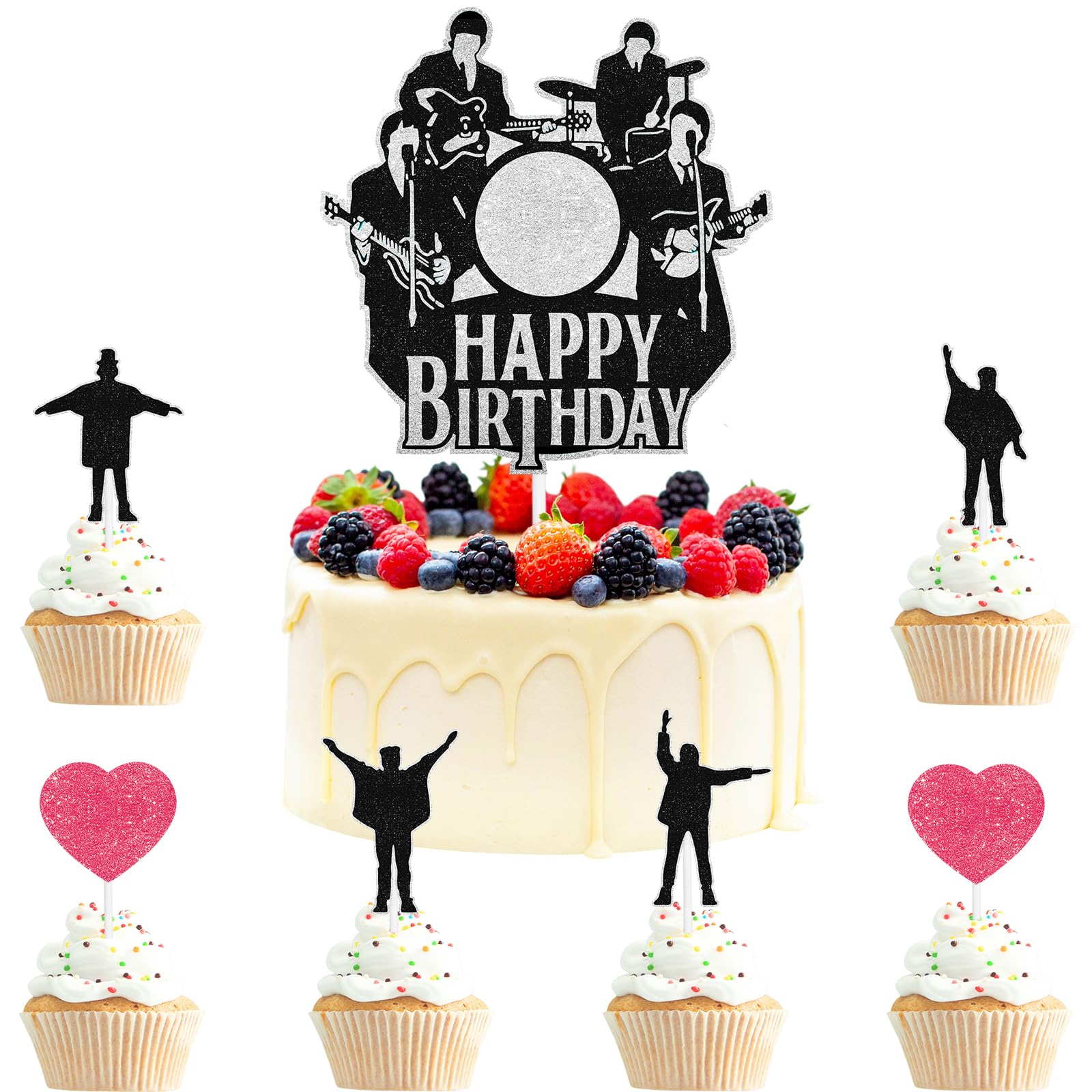 Rock Band Themed Happy Birthday Cake Toppers 7-Piece Set - 80s rock music themed party, birthday party, concert party decorations that both boys
