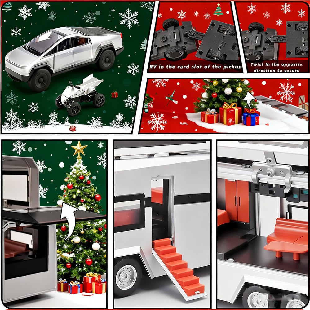 Toy Cyber Pickup Truck with RV and Motorcycle Model Car Diecast Toy Pickup for Kids Boys Girls 3+ Years - Electric Metal Drivable Truck with Sound