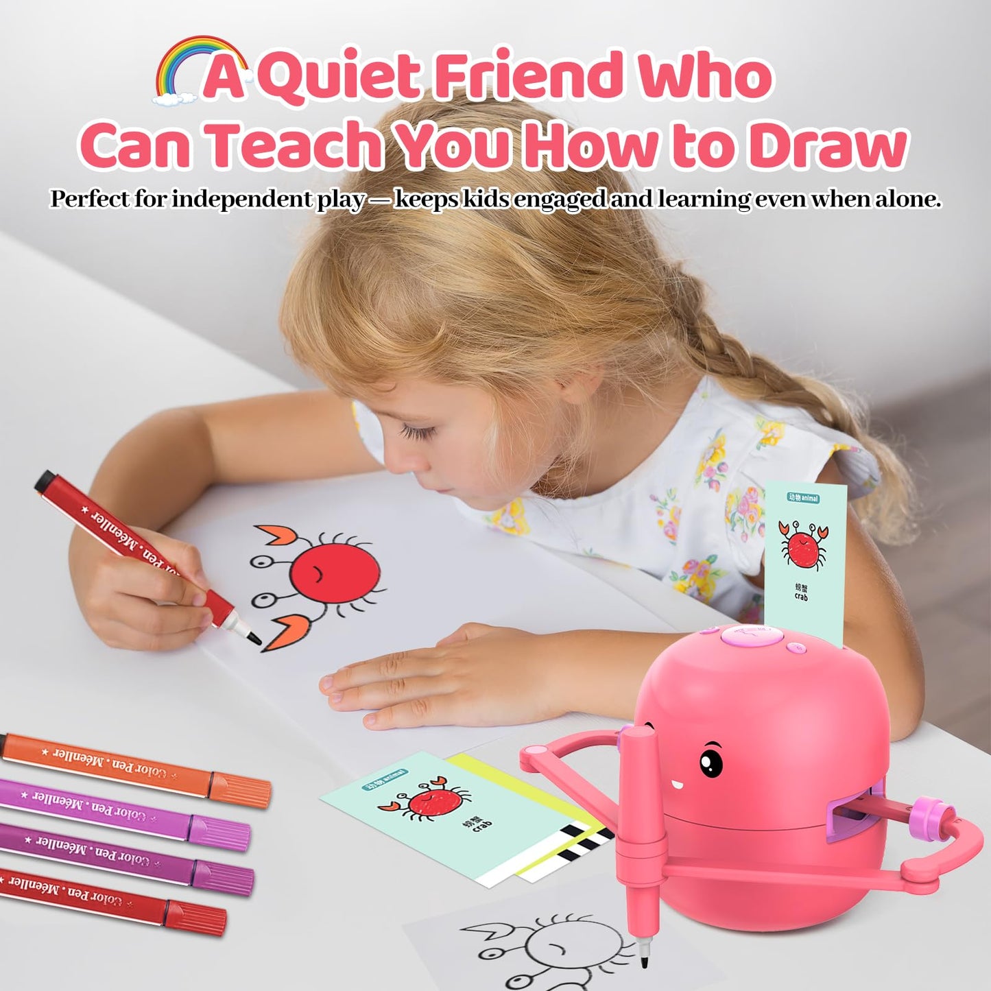 Drawing Robot for Kids with 150 Learning Cards and 17 Colorful Pens, Voice Interactive Educational Smart Art Painting Machine, Step-by-Step Drawing