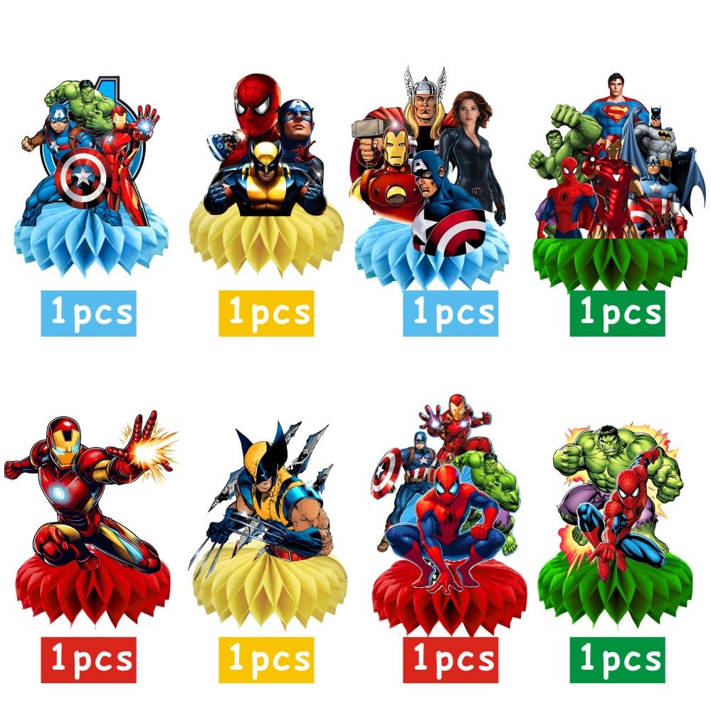 8Pcs Superhero Honeycomb Table Centerpiece, Superhero Birthday Party Supplies Table Decorations for Kids Party Decorations