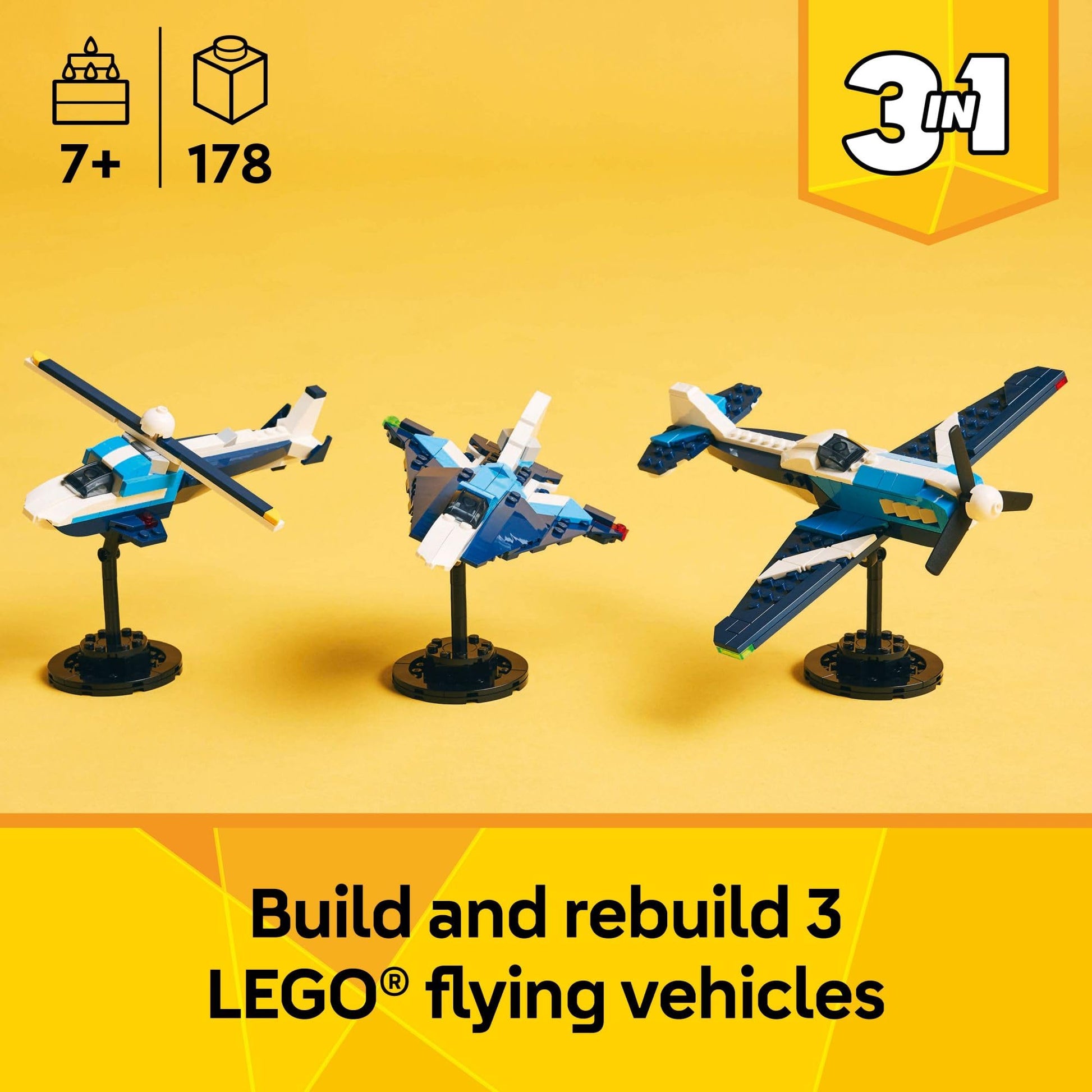 LEGO Creator 3 in 1 Aircraft Race Plane Toy - Building Toy with 3 Building Options, Airplane, Fighter Jet, or Helicopter - Gift Idea for Kids, Boys