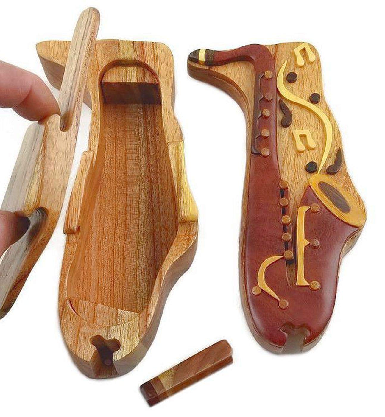 Saxophone with Musical Notes All Natural Exotic Woods Puzzle Box, 7 x 3.5 x 2 with Sliding Wooden Magnetic Key Lock, Sliding Cover and Inner Lid