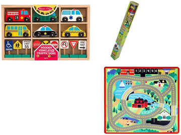 Melissa & Doug Round The Town Road Rug, Vehicles & Traffic Signs Set Vehicle