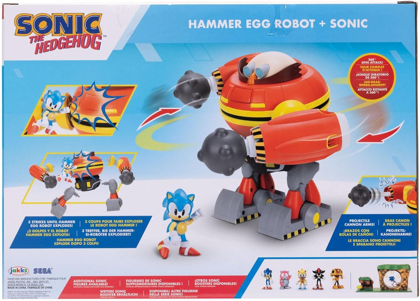 JAKKS Pacific Sonic The Hedgehog 2.5" Action Figure Hammer Egg Robot Deluxe Playset. 360 Degree Spin Attack and Projectile Cannon Arms! 3 Strikes