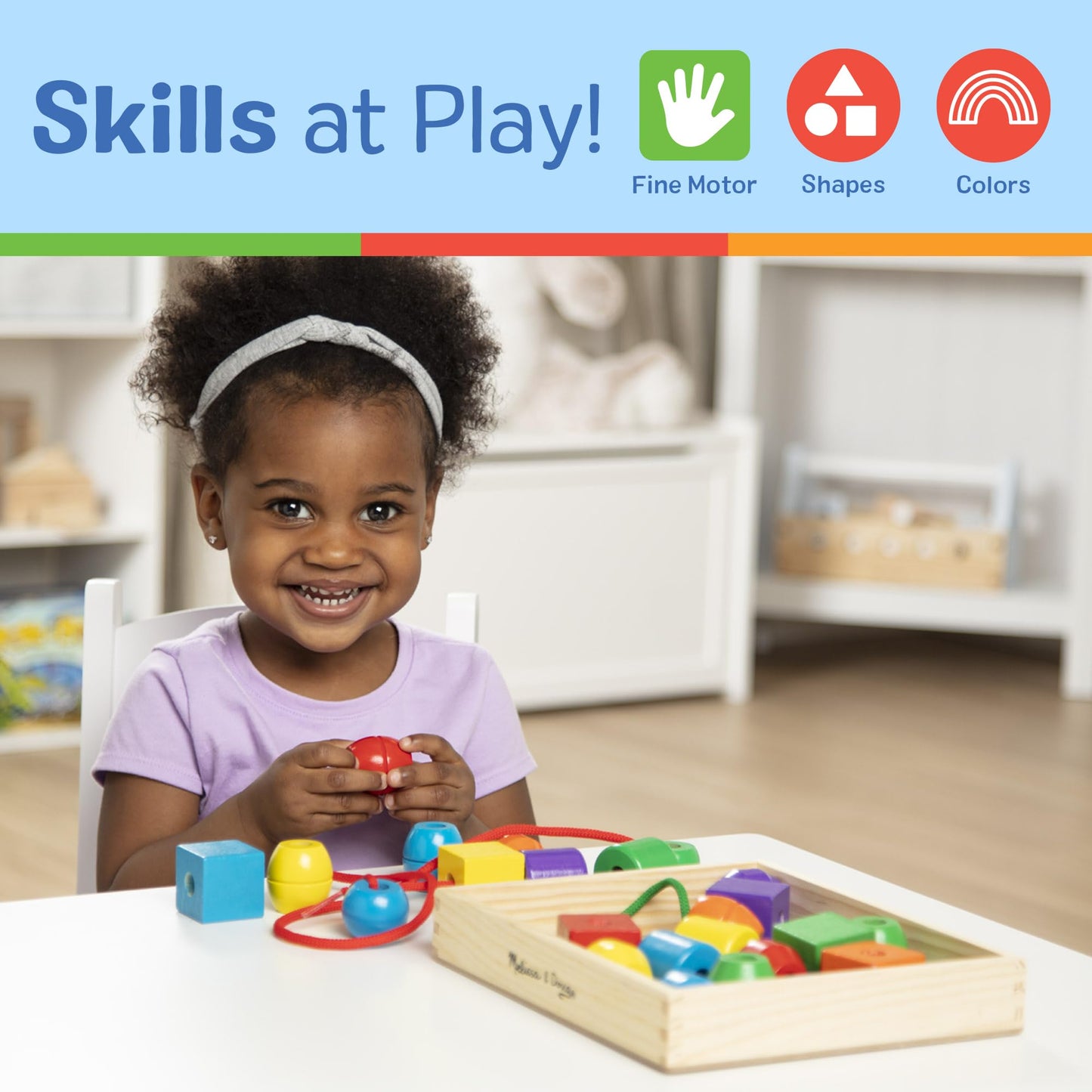 Melissa & Doug Primary Lacing Beads - Educational Toy with 30 Wooden Beads and 2 Laces for Toddlers, Fine Motor Skills Lacing Toys for Toddlers and