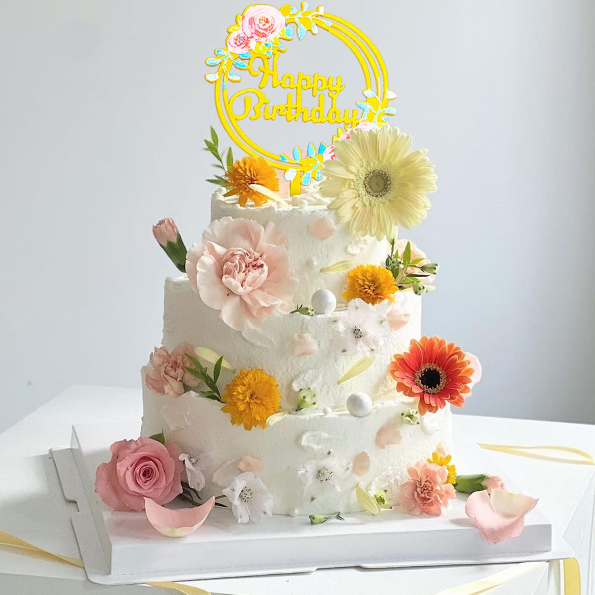 32 PCS Gold Happy Birthday Cake Toppers Flower Acrylic Birthday Cake Topper Cake Pick Decorations (Gold)