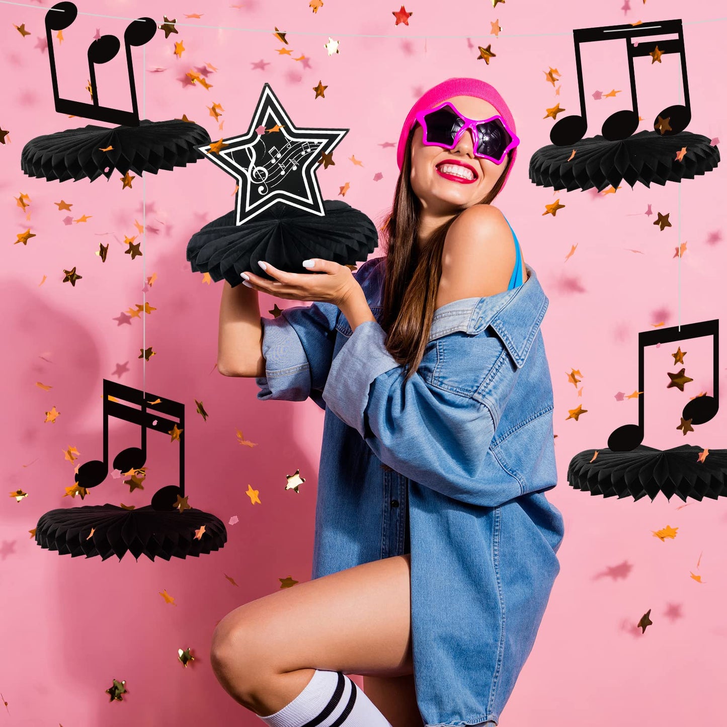 12 Pcs Music Notes Honeycomb Centerpieces Music Party Decoration Retro Table Decor Kids' Party Centerpieces Notes Silhouette Table Toppers for Baby