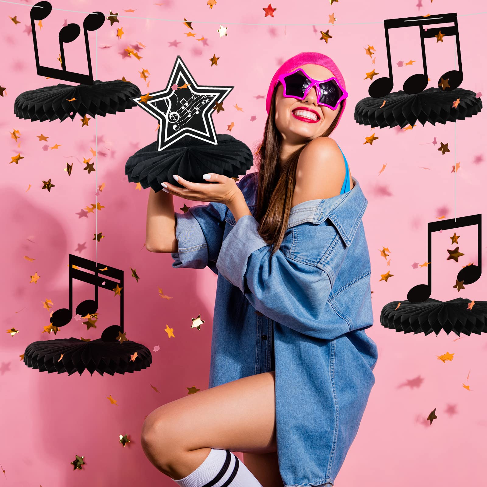 12 Pcs Music Notes Honeycomb Centerpieces Music Party Decoration Retro Table Decor Kids' Party Centerpieces Notes Silhouette Table Toppers for Baby