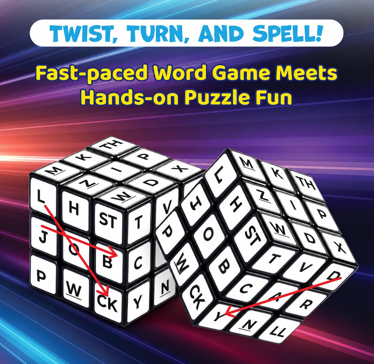 Wordix Words Game Cube for Kids, 2 Player Matching Letter Cube Racing Game with 100 Flash Cards, Educational Spelling & Reading Alphabet Learning Fun