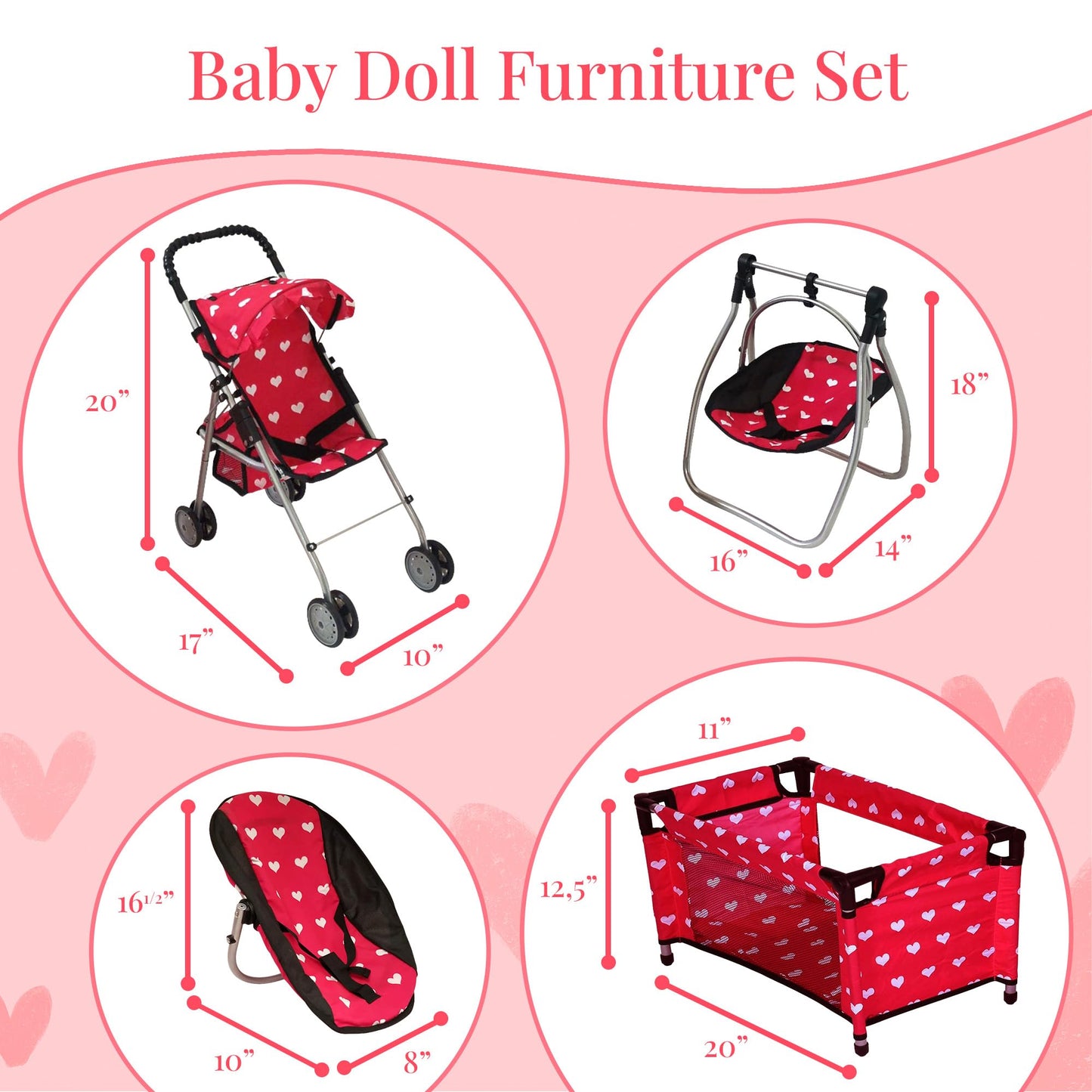 Deluxe Baby Doll Stroller with Crib Furniture Playset, Multi Baby Doll Accessories Set for 18" Dolls, Includes Doll Stroller Swing and Doll Bed