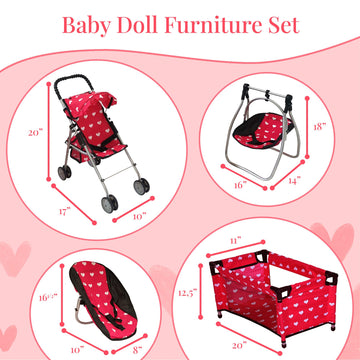 Deluxe Baby Doll Stroller with Crib Furniture Playset, Multi Baby Doll Accessories Set for 18" Dolls, Includes Doll Stroller Swing and Doll Bed
