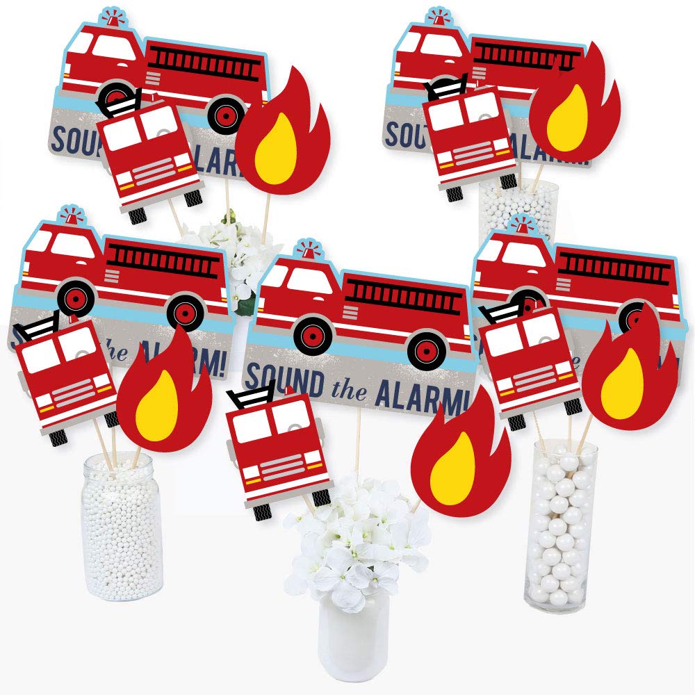 Big Dot of Happiness Fired Up Fire Truck - Firefighter Baby Shower or Birthday Party Centerpiece Sticks - Table Toppers - Set of 15