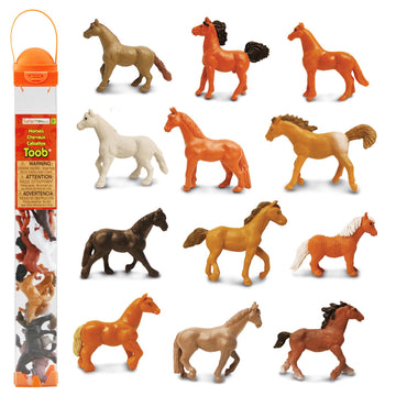 Safari Ltd. Horses TOOB - 12 Hand-Painted Mini Figurines Including Friesian, Haflinger, Stallion, Bay, Chestnut, Jutland, Trakehner, Clydesdale