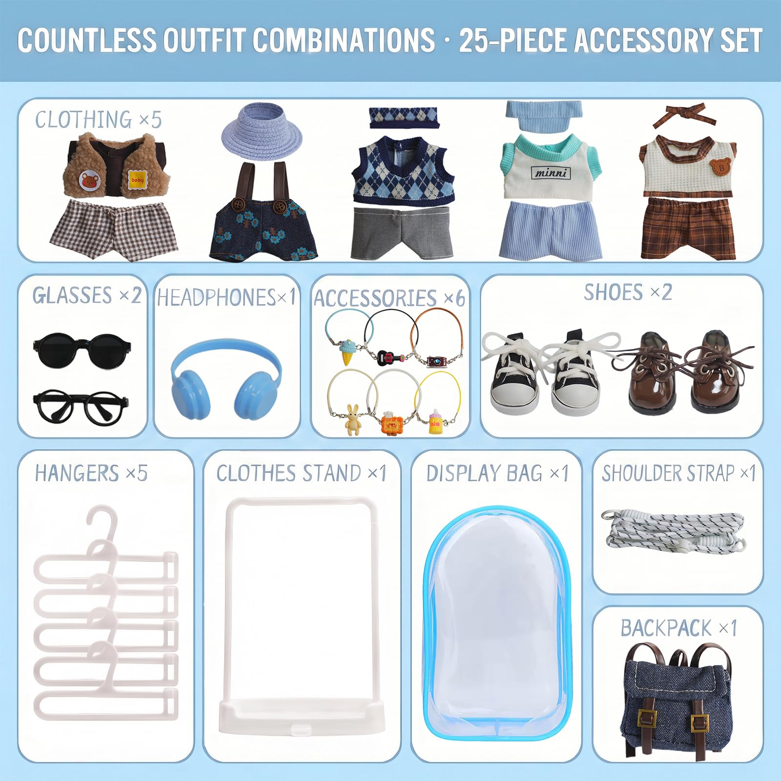 Clothes for Labubu Doll: 25-Piece Clothes & Accessories Set for 17cm/6.7in Dolls - Charm Overalls Casual OutfitsShoes Glasses Backpack Hangers Display