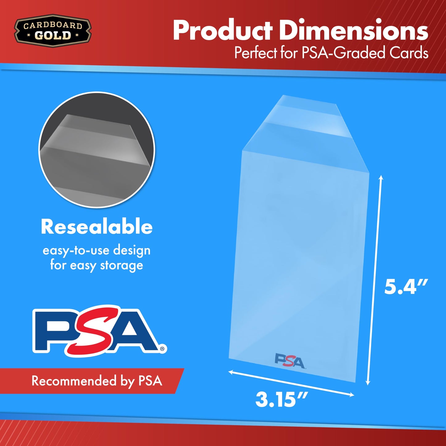 Cardboard Gold PSA Graded Card Sleeves - 50 Count with PSA Logo, Resealable Slabs Sleeve - Precise Fit Slab Protector for Grading Baseball Football