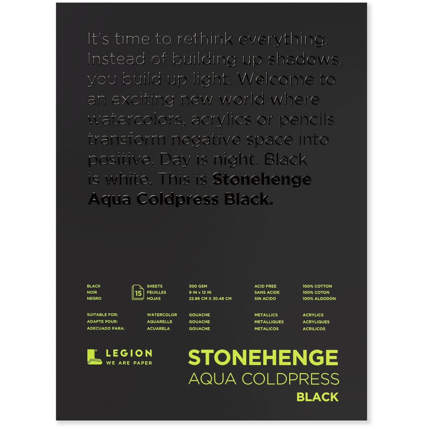 Stonehenge Aqua Black Medium Weight Pad, 140lb, Coldpress, 9 x 12 Inches, 15 Sheets for Wet and Dry Media