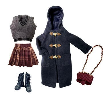 Academic Style Doll Outfit Set for 11.5-12 Inch Fashion Dolls, Navy Wool Blend Toggle Coat Vintage Ensemble