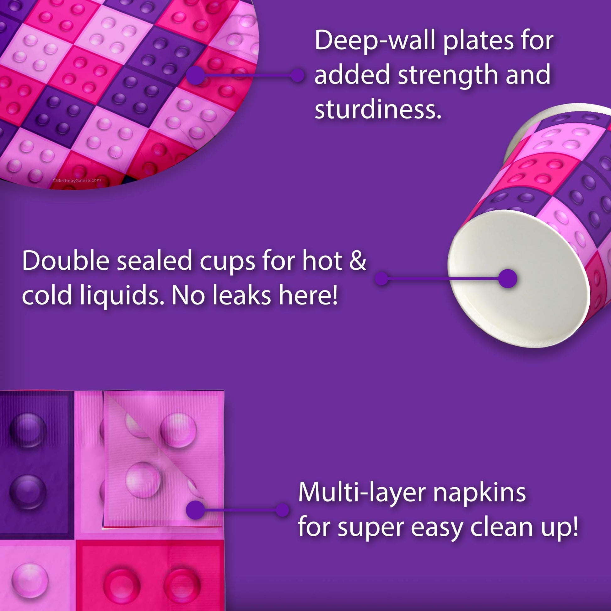 Pink Building Blocks Birthday Party Supplies Set Plates Napkins Cups Kit for 16