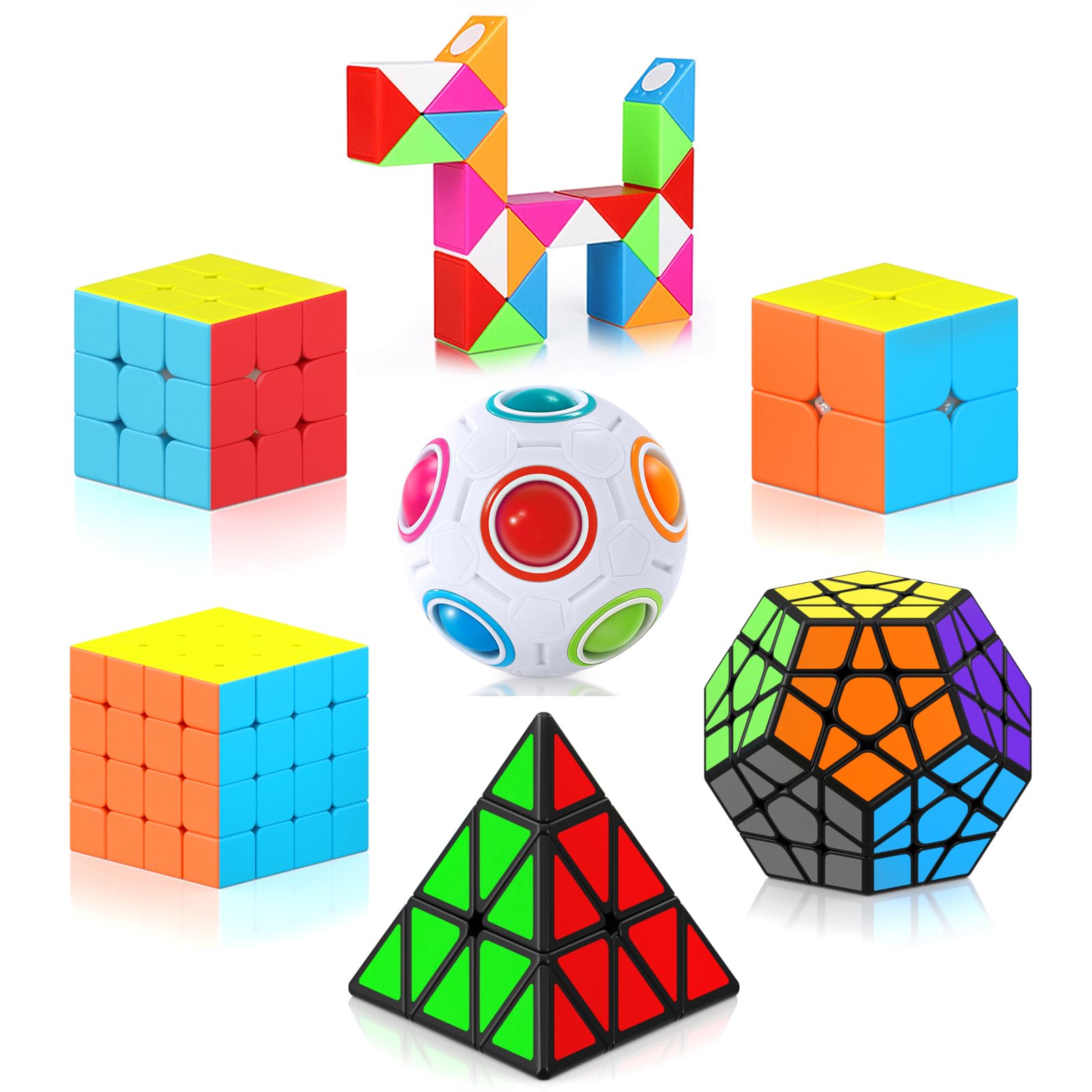 Vdealen Speed Cube Set, 7 Pack Puzzle Cube Bundle Fidget Ball 2x2 3x3 4x4 Pyramid Dodecahedron Rainbow Snake Magic Cube, Smooth Cube Game Toys Gift