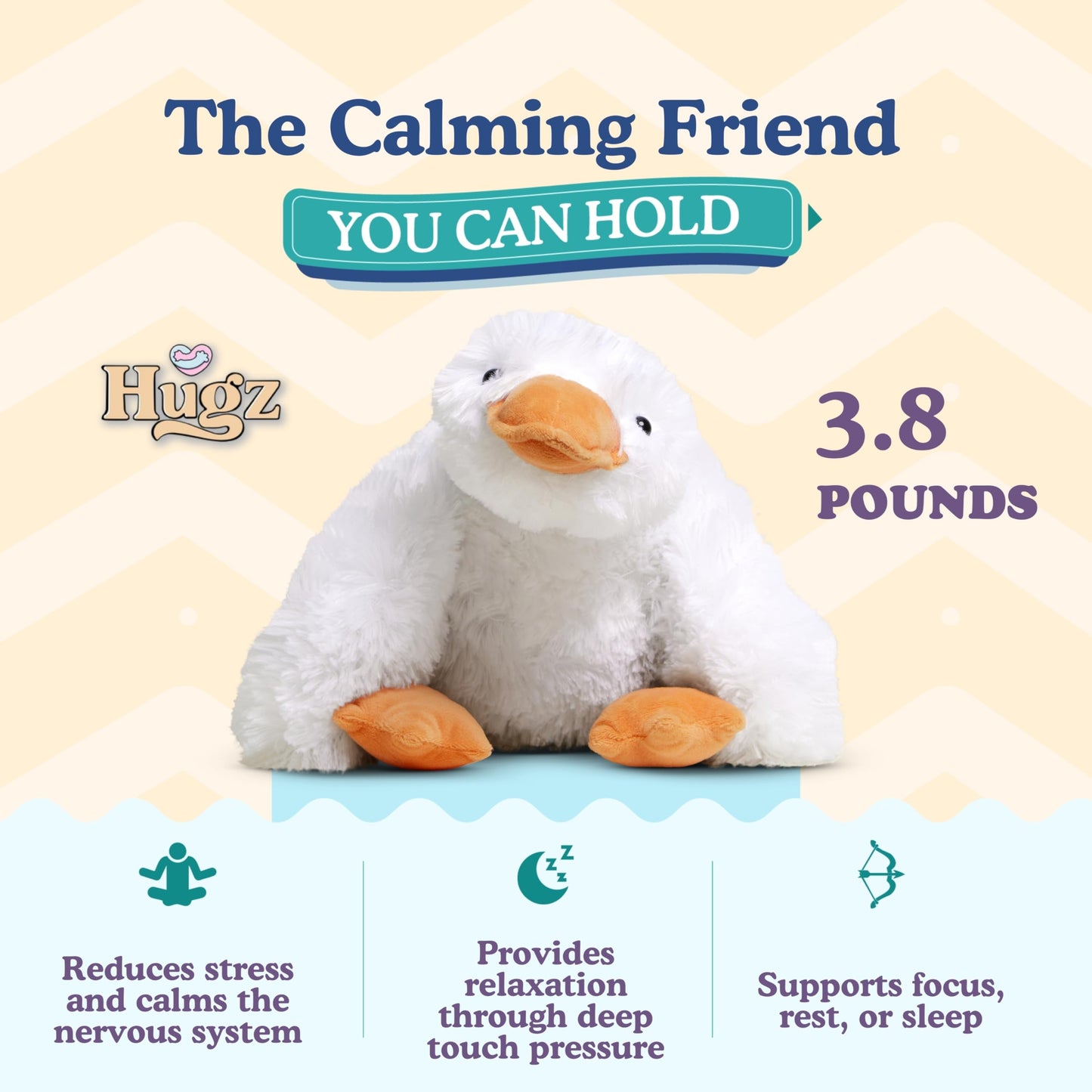 Hugz Official Quackers The Duck - Premium Weighted Stuffed Animal Plushie 3.8 lb for Adults & Kids - Microwavable - Heatable & Coolable - Super Soft