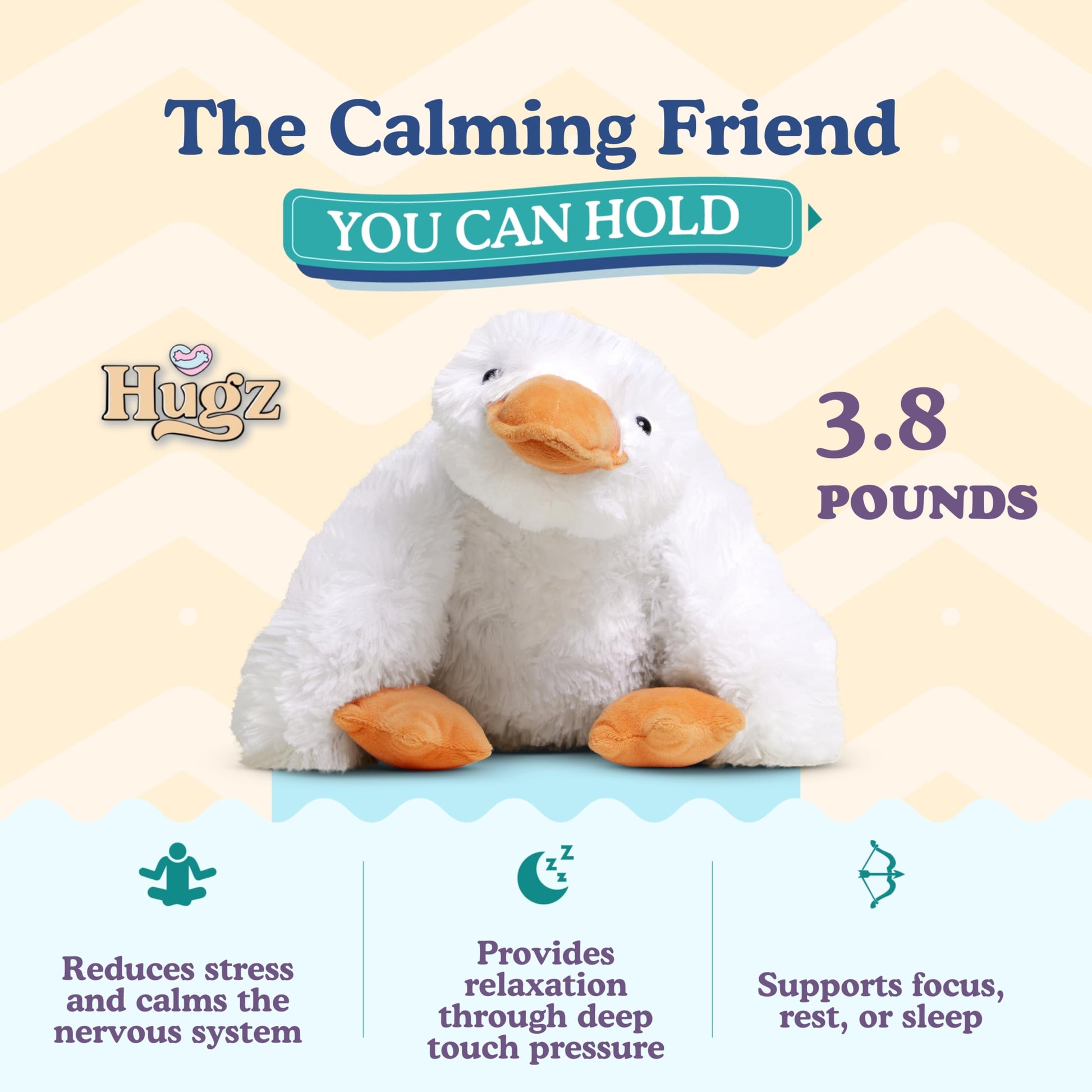 Hugz Official Quackers The Duck - Premium Weighted Stuffed Animal Plushie 3.8 lb for Adults & Kids - Microwavable - Heatable & Coolable - Super Soft