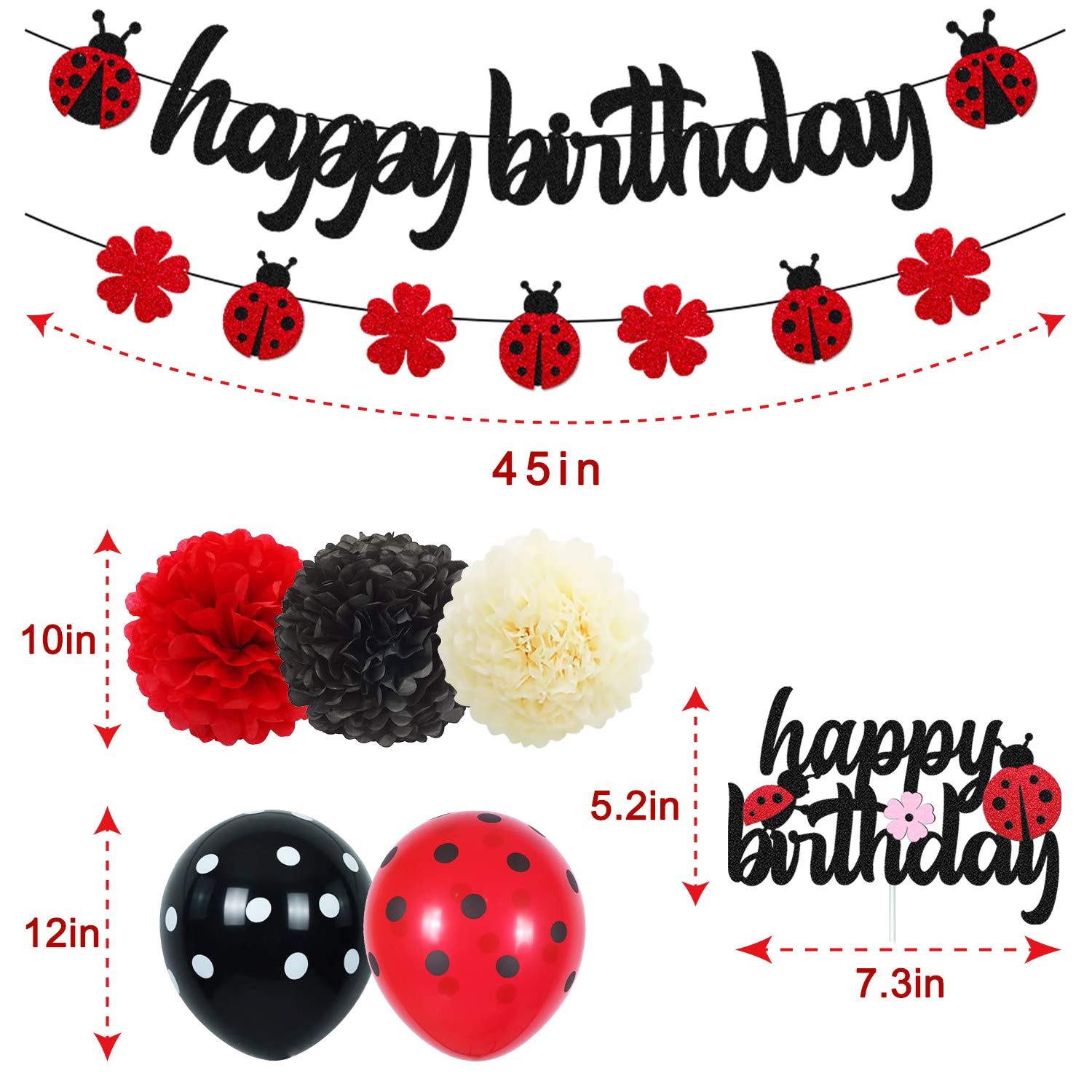 Ohiviaaa Ladybug Birthday Decorations Ladybird Happy Birthday Banner Ladybeetle Cake Topper Black Red Latex Balloon Pom Pom Flowers for Ladybug Theme