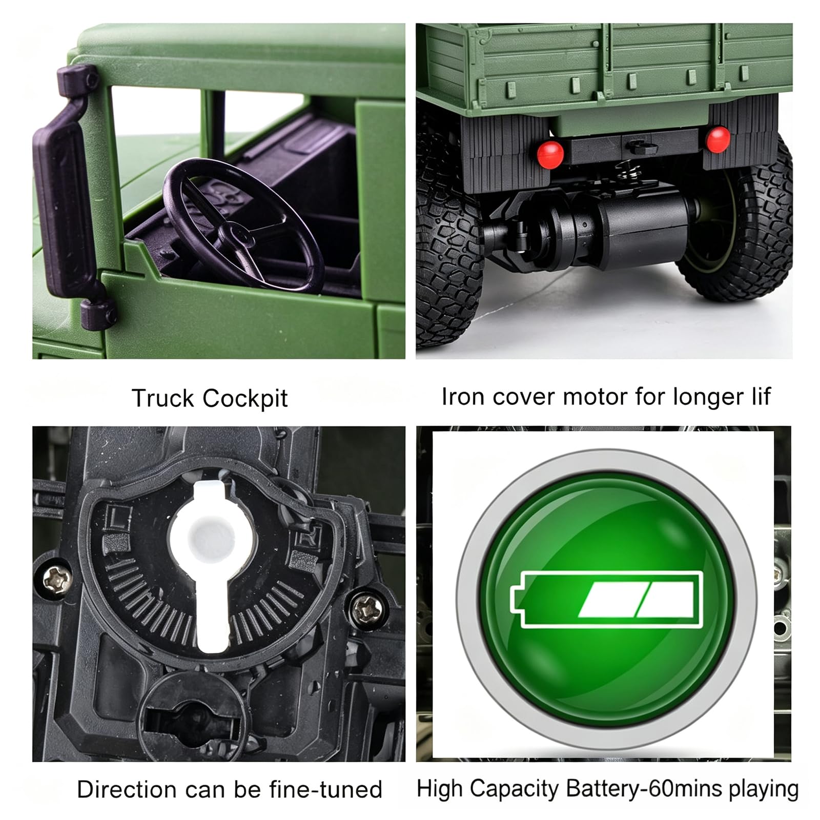 XINGRUI 1:18 RC Military Truck, 50 Min Playtime Remote Control Car, 2.4Ghz 4WD Off-Road Vehicle, All Terrain Toy with LED Lights, Gift for Boys Girls