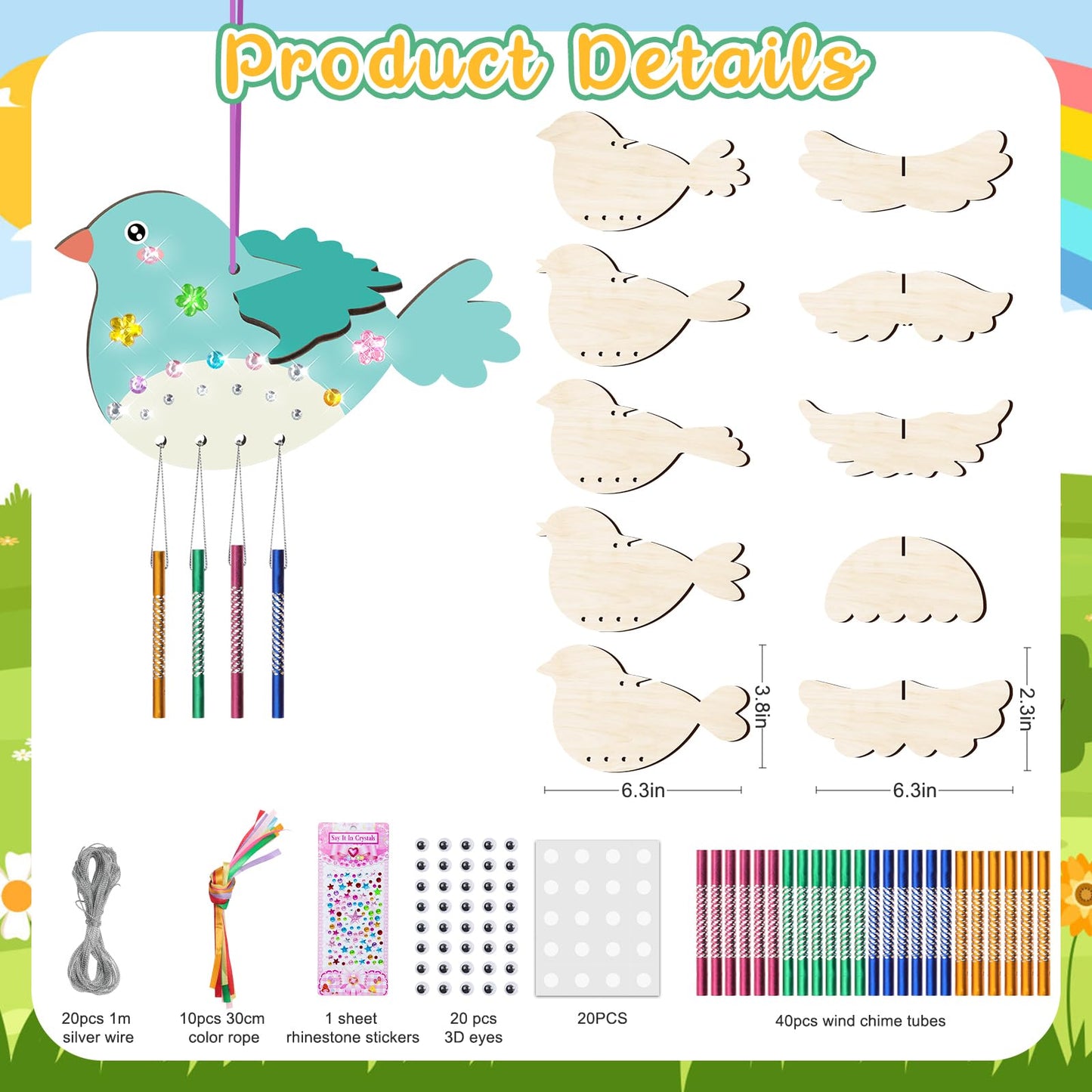 TREACLUB 10Pack 3D Bird Wind Chime Kit for Kids Spring Make Your Own Bird Wind Chime Make a Wind Chime Kit DIY Coloring Wooden Arts and Crafts
