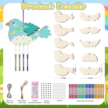TREACLUB 10Pack 3D Bird Wind Chime Kit for Kids Spring Make Your Own Bird Wind Chime Make a Wind Chime Kit DIY Coloring Wooden Arts and Crafts