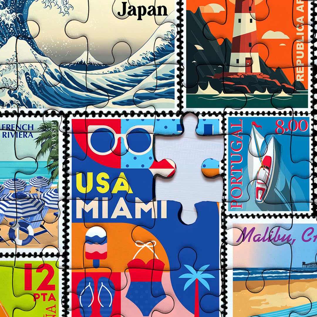 Re-marks Coastal Stamp Collage Puzzle, 500 Large Piece Jigsaw Puzzle for All Ages