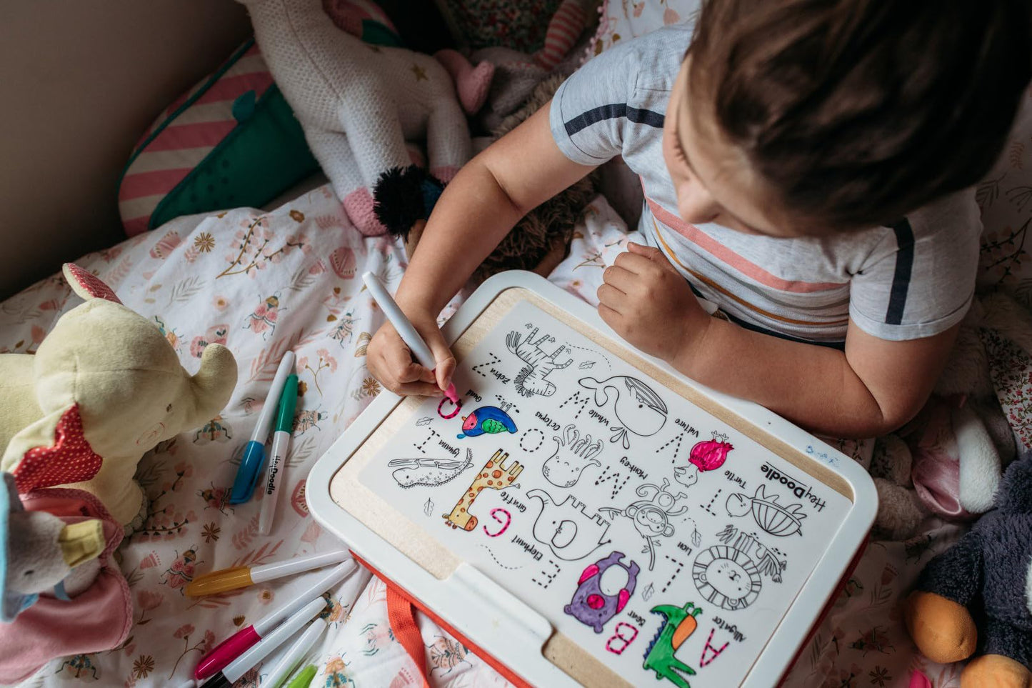 HeyDoodle Into The Wild Mini - Reusable Silicone Alphabet Coloring Mat for Toddlers and Kids - Educational Animal Activity Pad with 3 Dry Erase