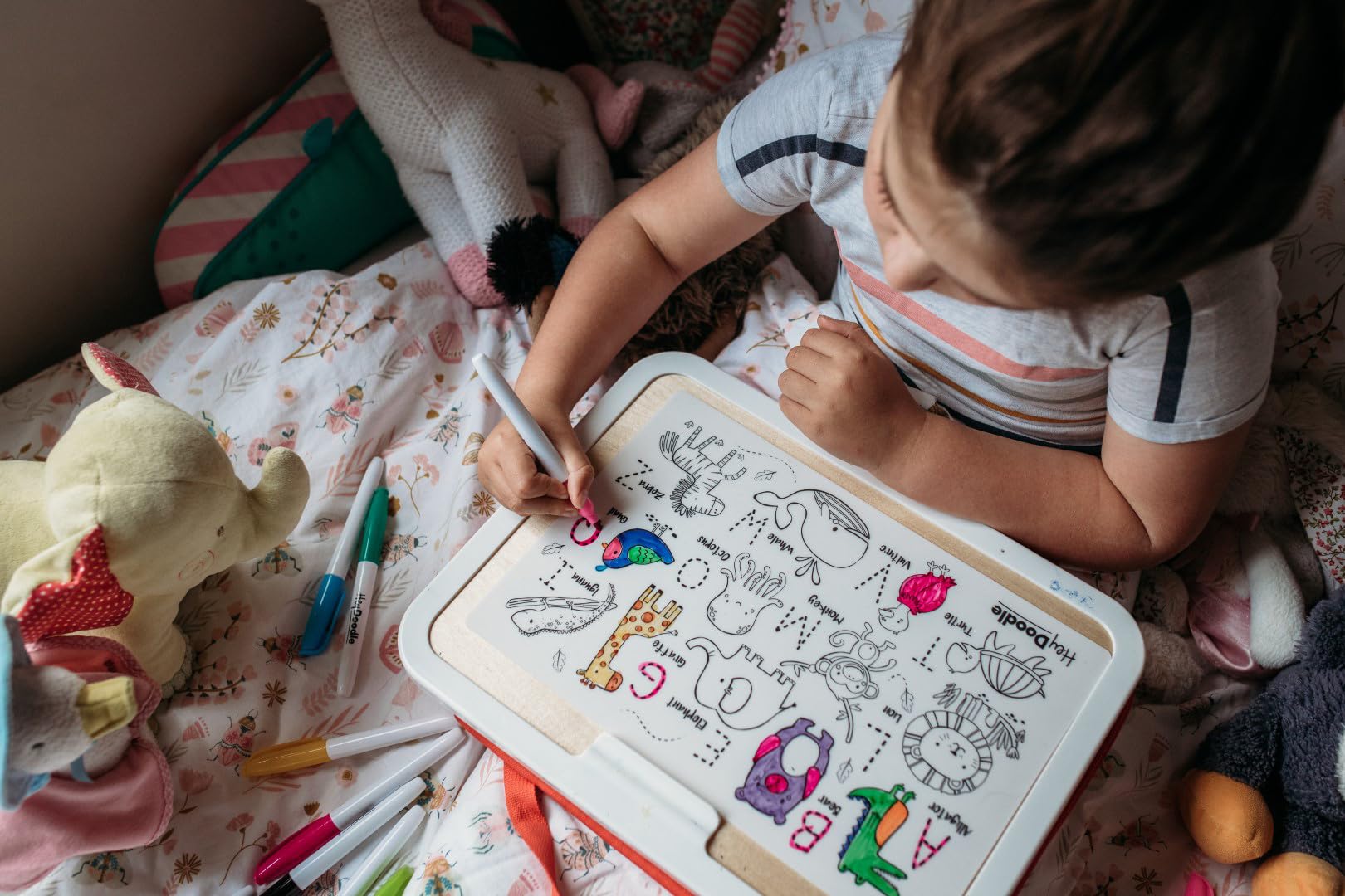 HeyDoodle Into The Wild Mini - Reusable Silicone Alphabet Coloring Mat for Toddlers and Kids - Educational Animal Activity Pad with 3 Dry Erase