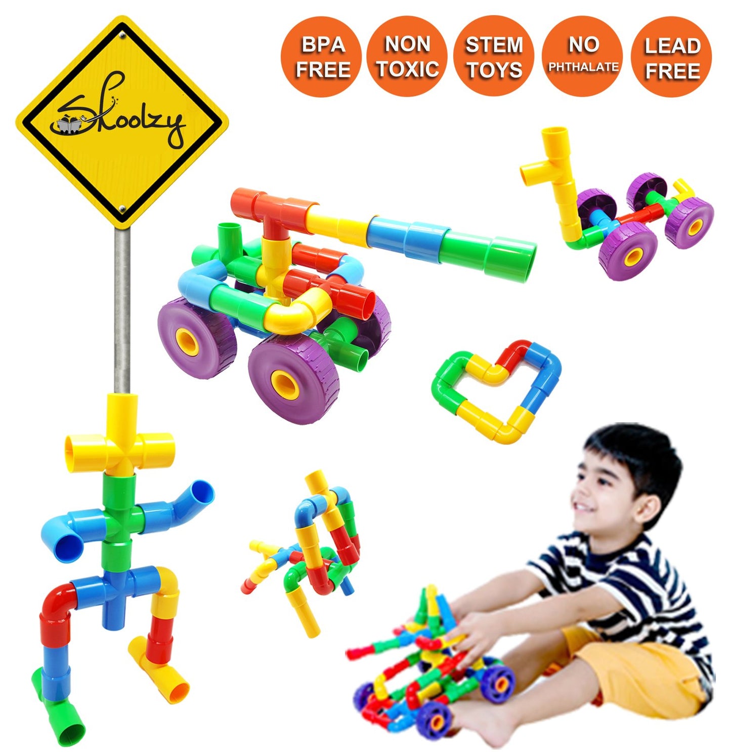 Skoolzy STEM Learning Pipe Tube 29 Piece Toys_and_Games Set, Educational Construction Building Blocks for ADHD & Autism for Baby, Kid Includes Wheels